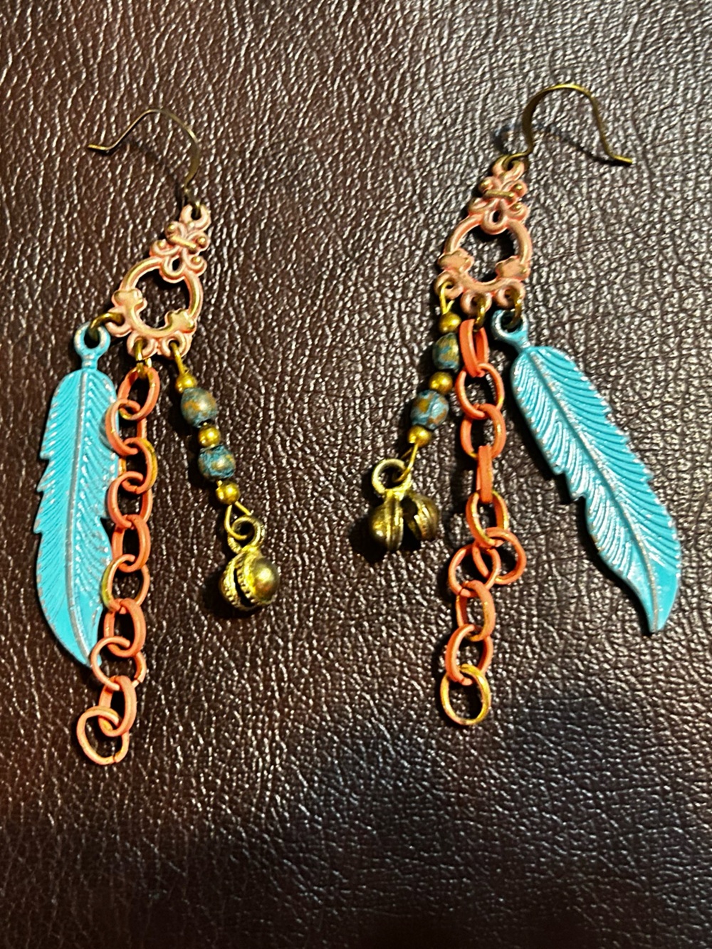 Turquoise Feather & Coral Chain Dangle Earrings with Antique Gold Accents